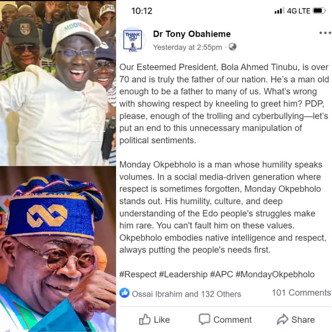 Dr. Tony Obahieme Defends Monday Okpebholo in the viral “Kneeling” video: “A Gesture of Respect, Not Weakness”